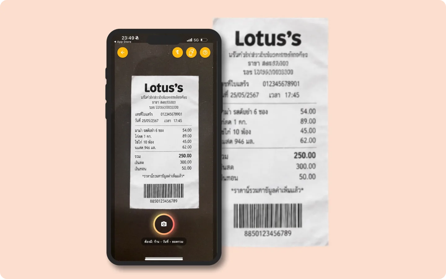 A shopper photographing a supermarket receipt in the app, with the receipt read line by line