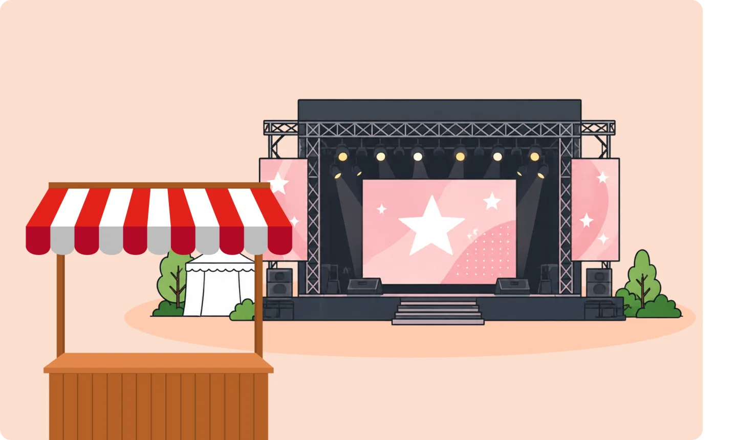 An event stage with lighting and screens beside a registration booth